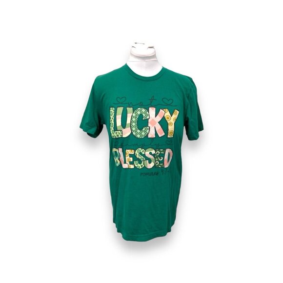 Bella Canvas Women’s Short Sleeve Graphic Tee Not Lucky Simply Blessed Green L - Picture 1 of 9